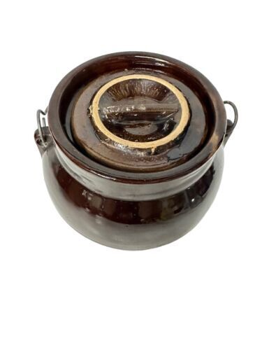 Antique Brown Cream Union Stoneware Redwing Old Bean Crock 7” X 6” Lid Included