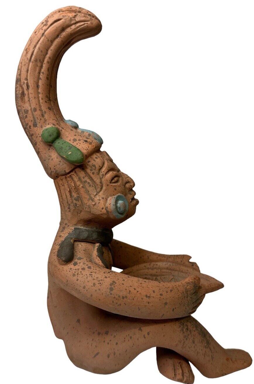 Primitive Style Handmade Peruvian Terracotta Sitting Clay Figure 9”