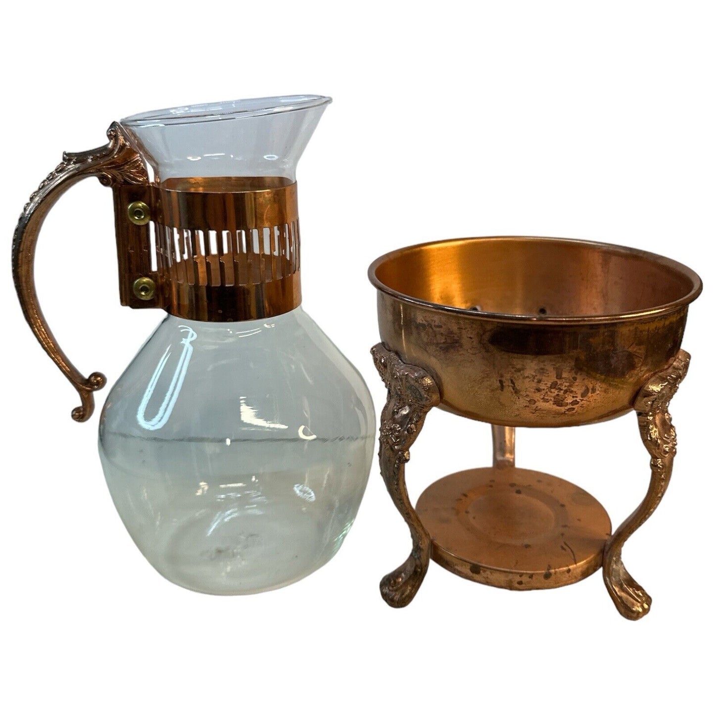 Vintage Copper Brass Coffee Carafe Glass Pot with Warmer & Stand