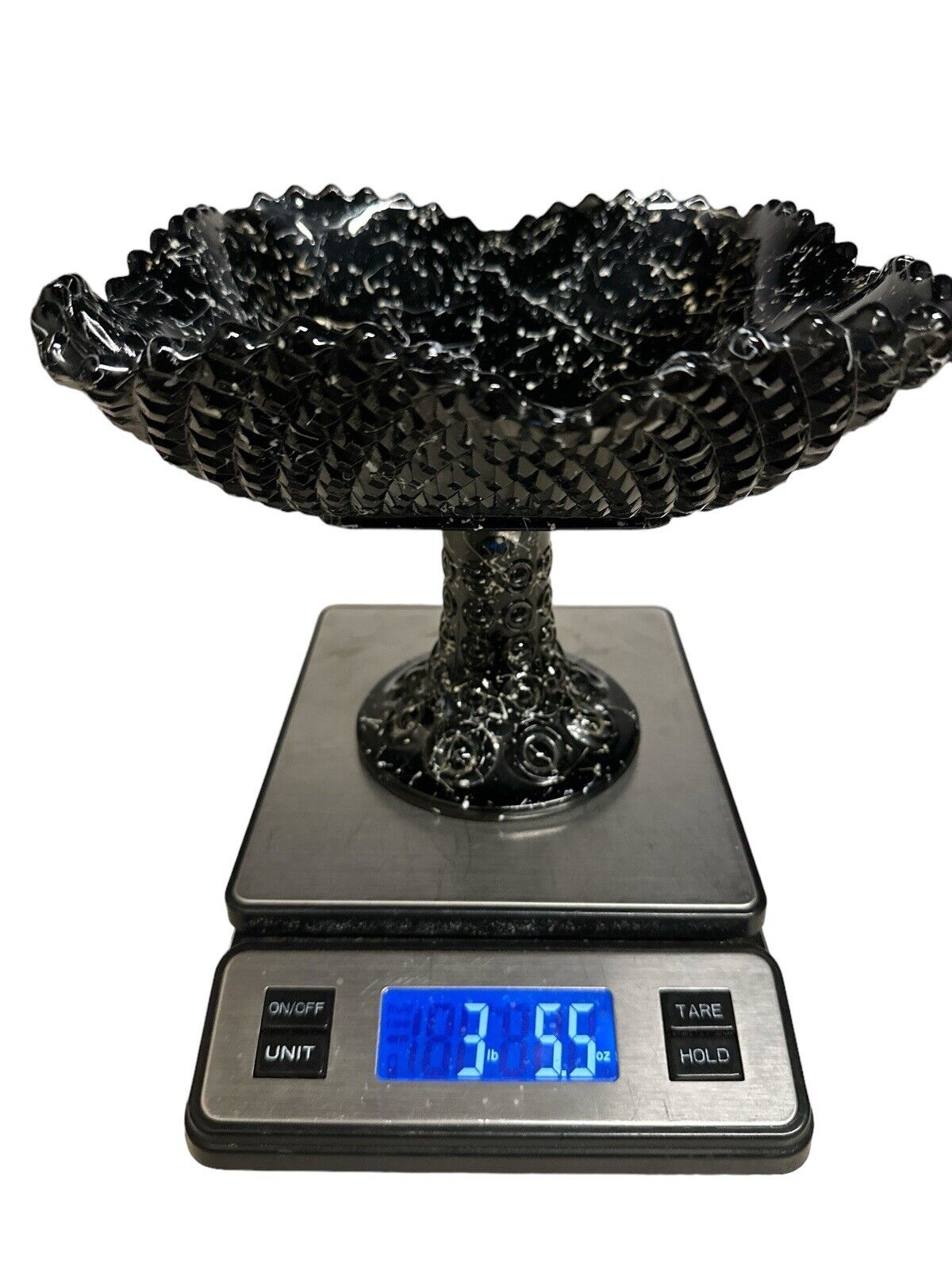 Vintage Black Confetti Ware Pedestal Fruit Bowl Diamond Point By L E Smith Glass