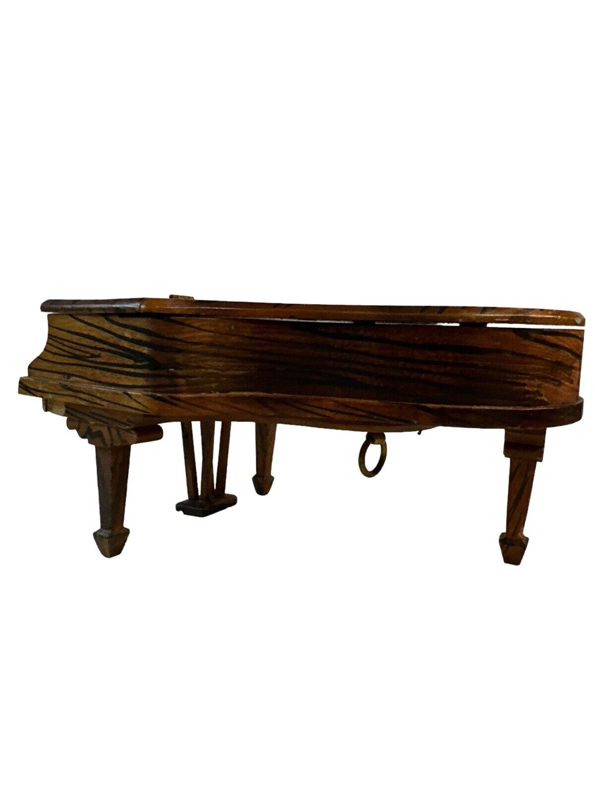 Antique Vtg Handmade Miniature Dollhouse Grand Piano Music Box & Seat Tiger Wood