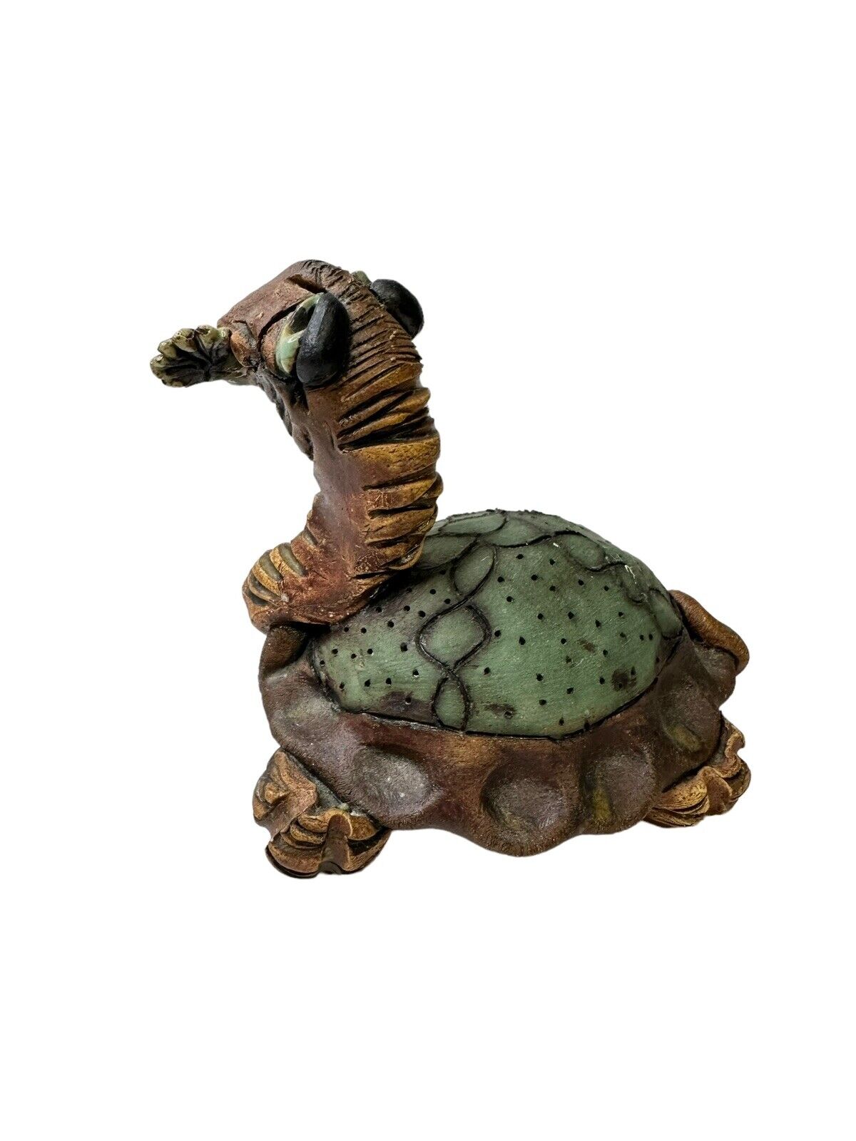 Vtg Clay Art Carved Painted Enamel Eyes Animal Folk Art Turtle By Artist Olsen