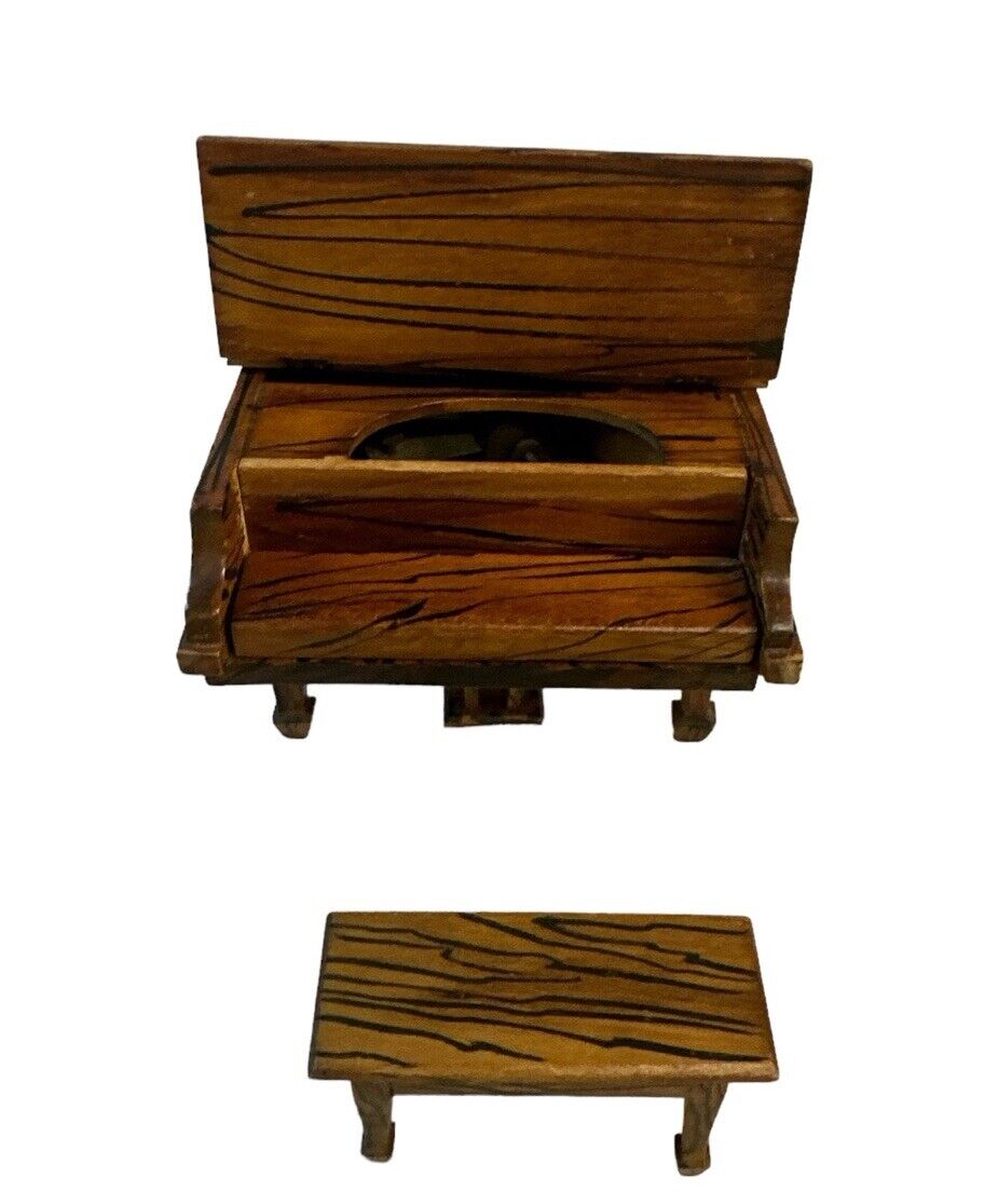 Antique Vtg Handmade Miniature Dollhouse Grand Piano Music Box & Seat Tiger Wood