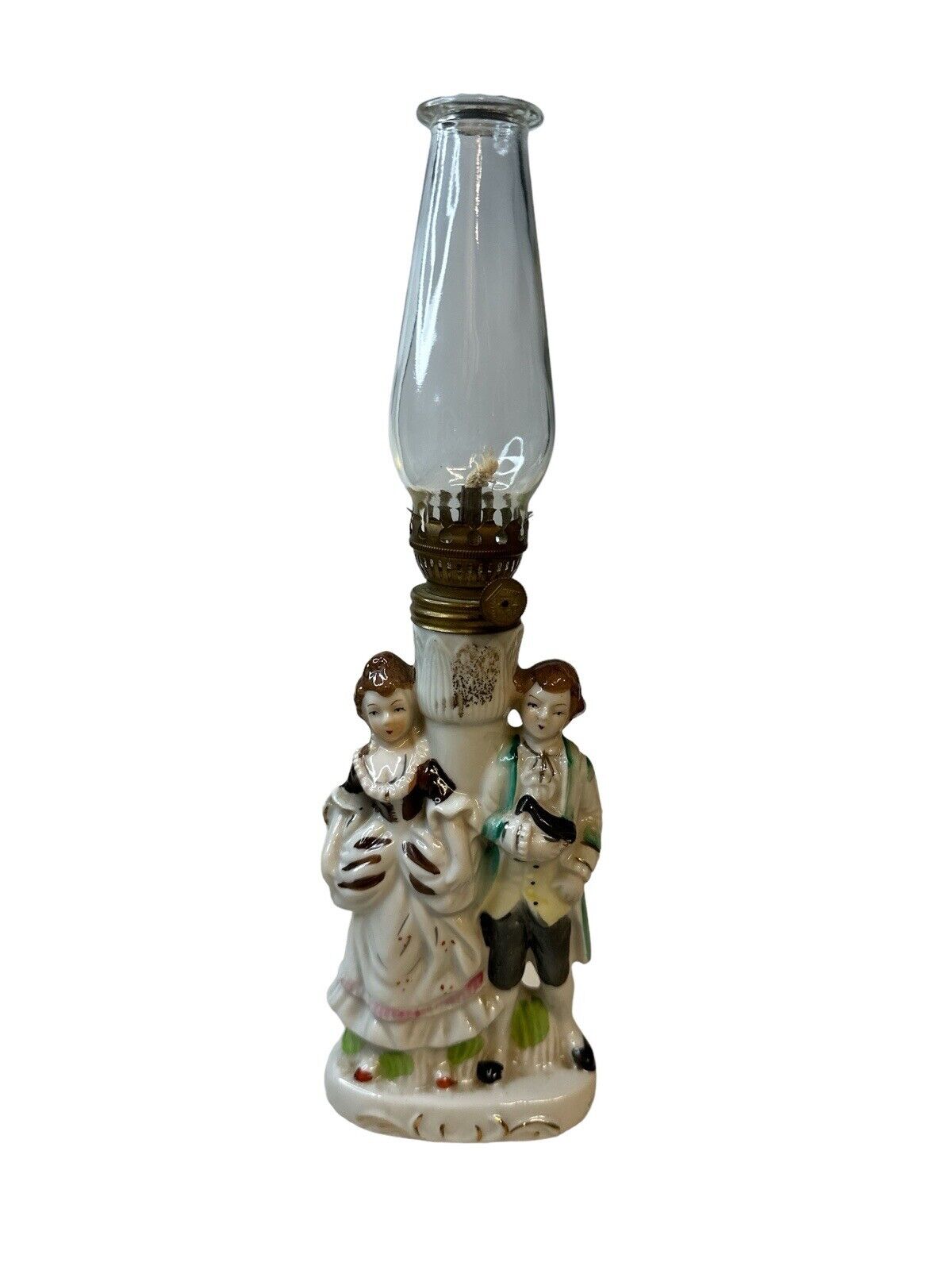 Vintage Oil Lamp Japan Nasco Del Coronado Porcelain Colonial Man Woman Victorian