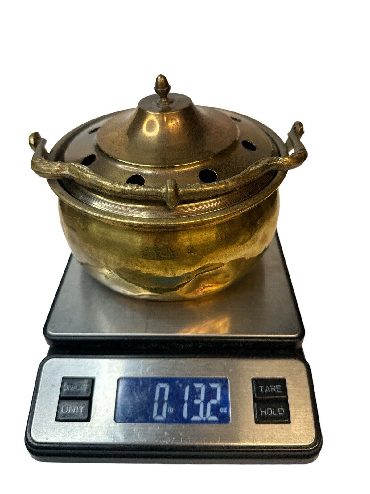 Vintage 1940’s Brass And Metal Incense pot Profumo Burner Ornate Handle 6” X 5”