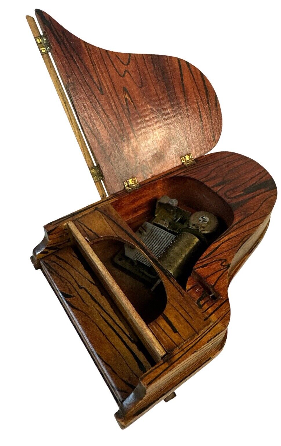 Antique Vtg Handmade Miniature Dollhouse Grand Piano Music Box & Seat Tiger Wood