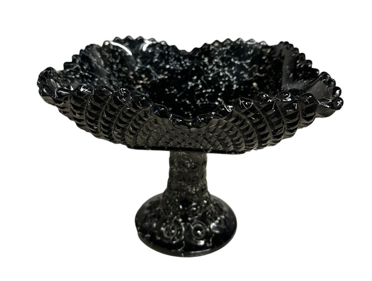 Vintage Black Confetti Ware Pedestal Fruit Bowl Diamond Point By L E Smith Glass