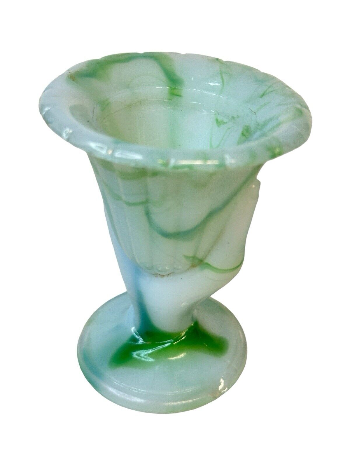 Vtg 1940 Akro Glass Agate Beggars Hand #766 Green & White Slag Glass Miniature Vase
