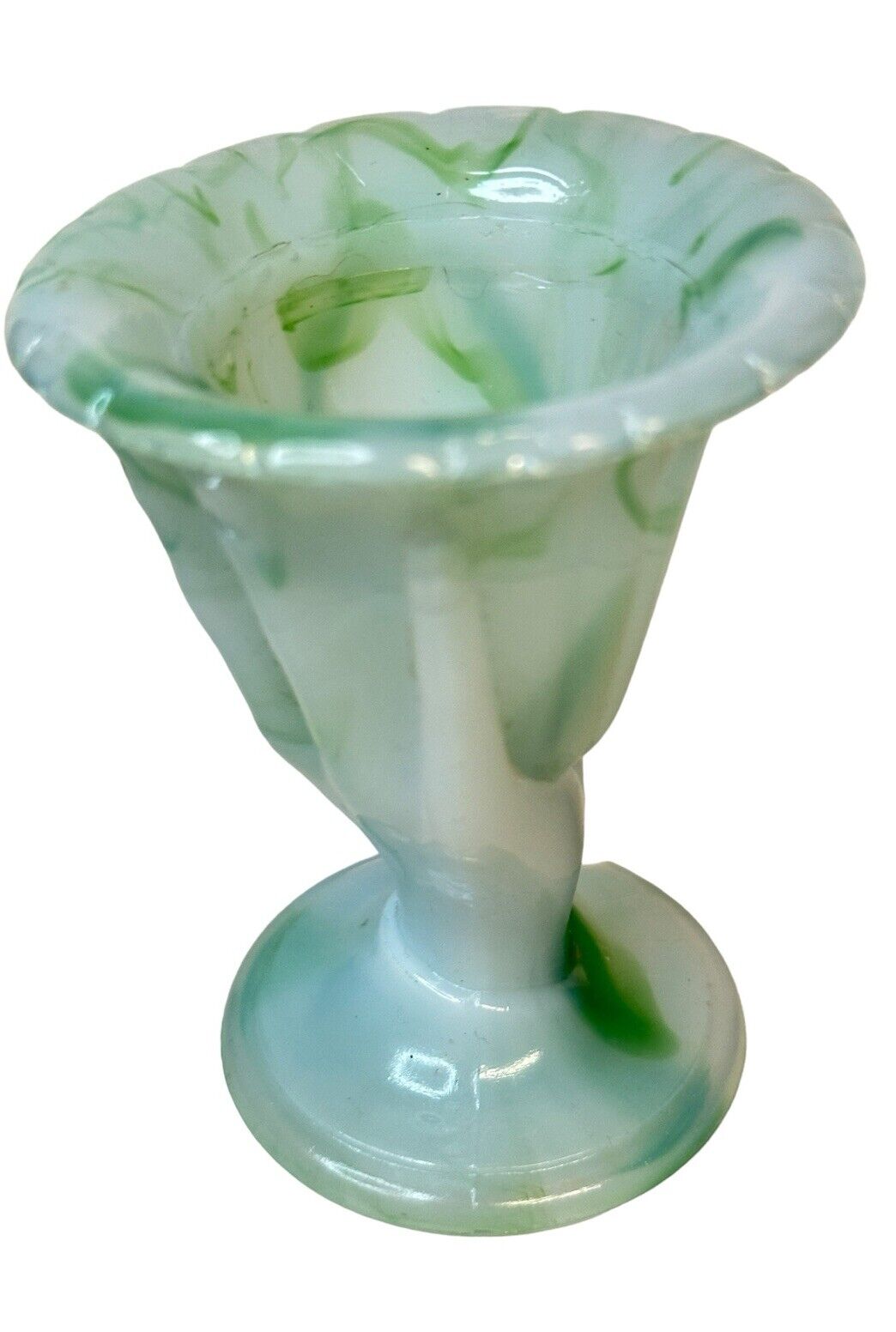 Vtg 1940 Akro Glass Agate Beggars Hand #766 Green & White Slag Glass Miniature Vase