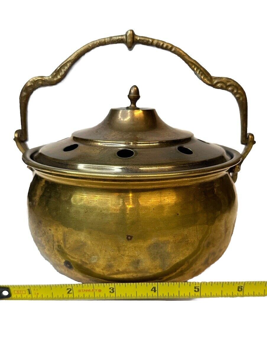 Vintage 1940’s Brass And Metal Incense pot Profumo Burner Ornate Handle 6” X 5”