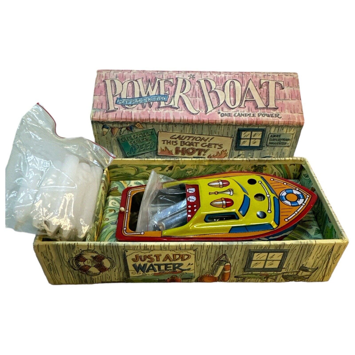 NOS Candle-Powered Tin Litho Toy Boat Reproduction Vintage In Mint Condition