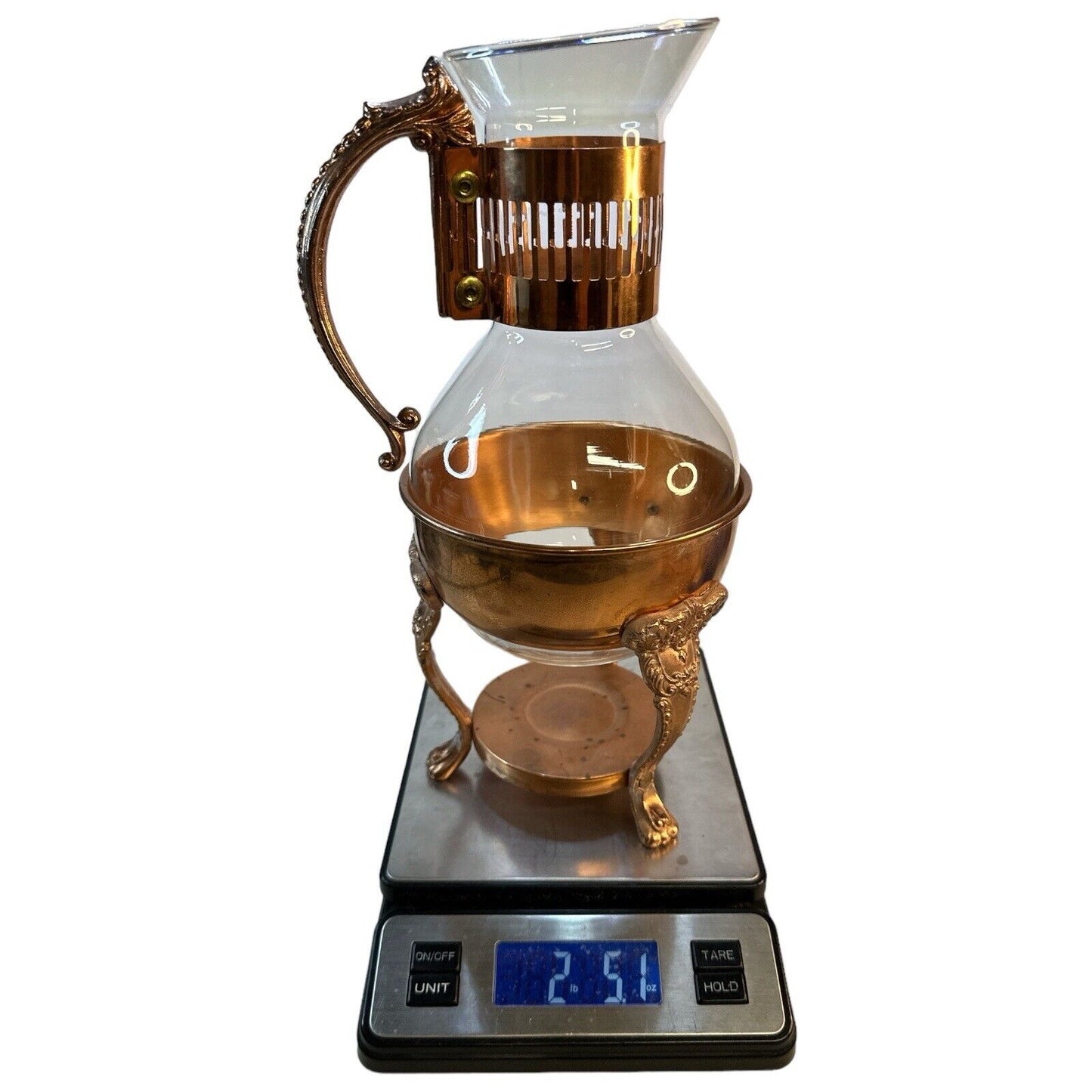 Vintage Copper Brass Coffee Carafe Glass Pot with Warmer & Stand