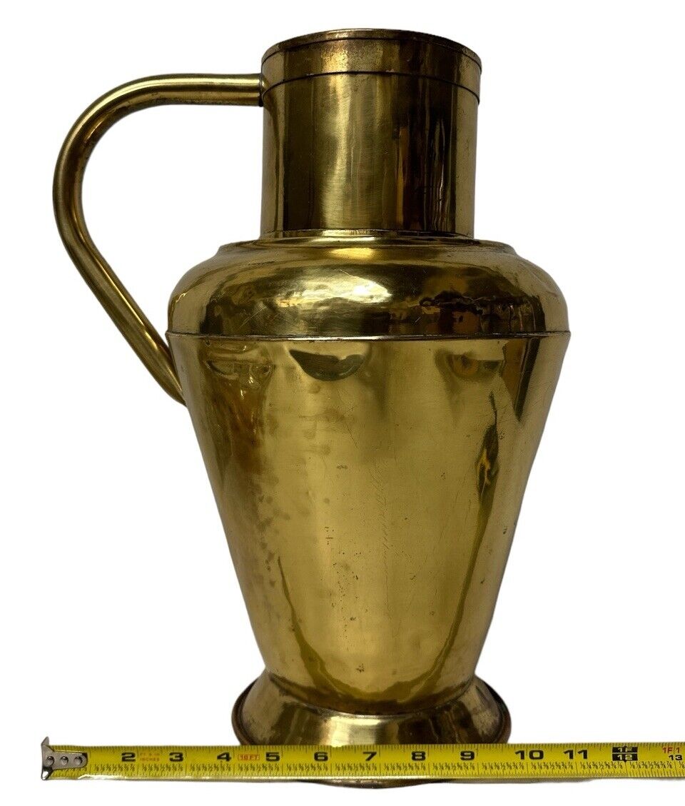 Vintage Large Brass Pitcher Jar Primitive Ewer Decorative Flower Vase MCM Design