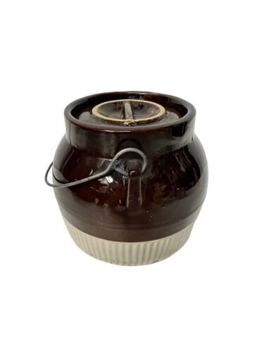 Antique Brown Cream Union Stoneware Redwing Old Bean Crock 7” X 6” Lid Included