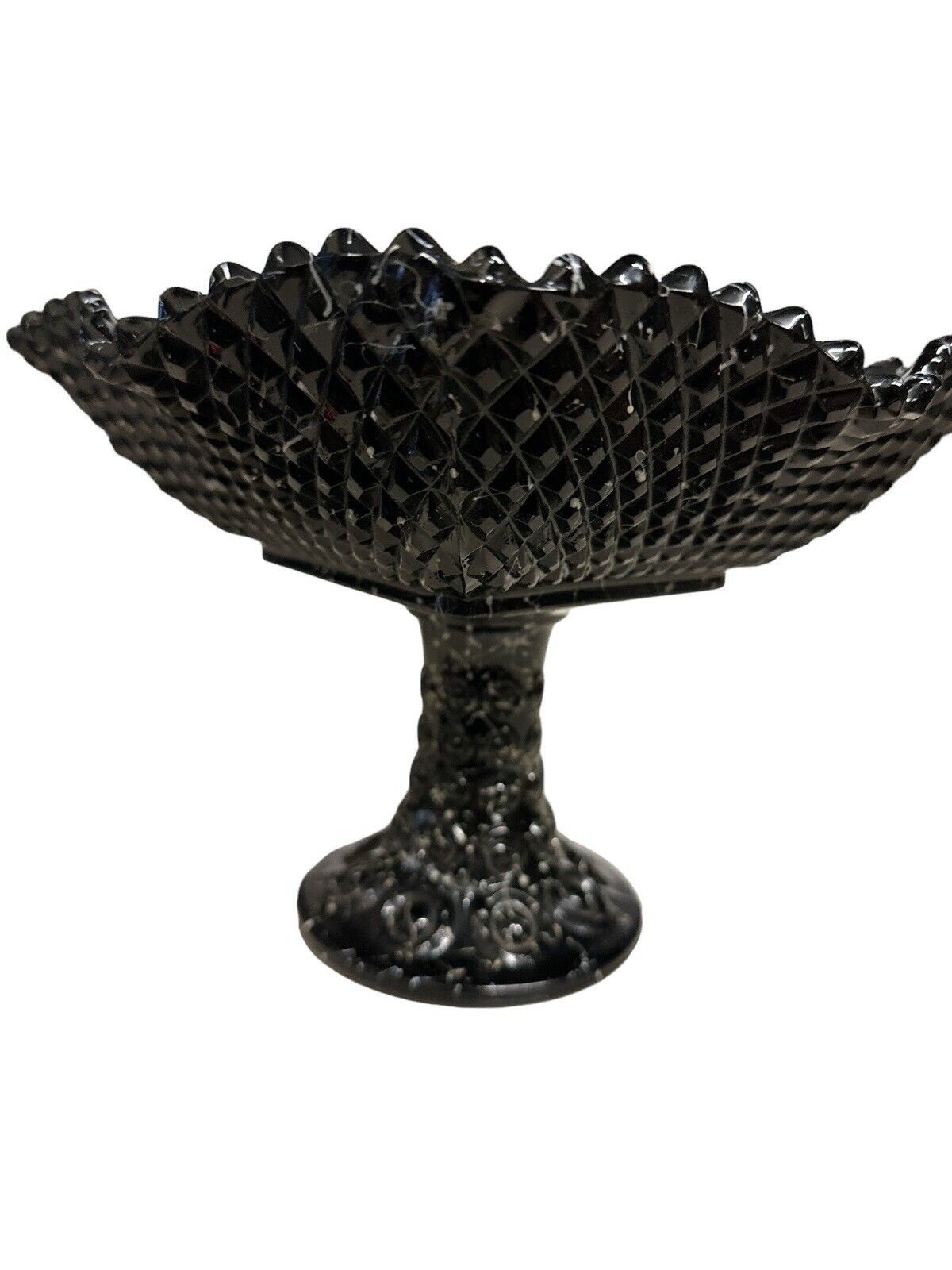 Vintage Black Confetti Ware Pedestal Fruit Bowl Diamond Point By L E Smith Glass