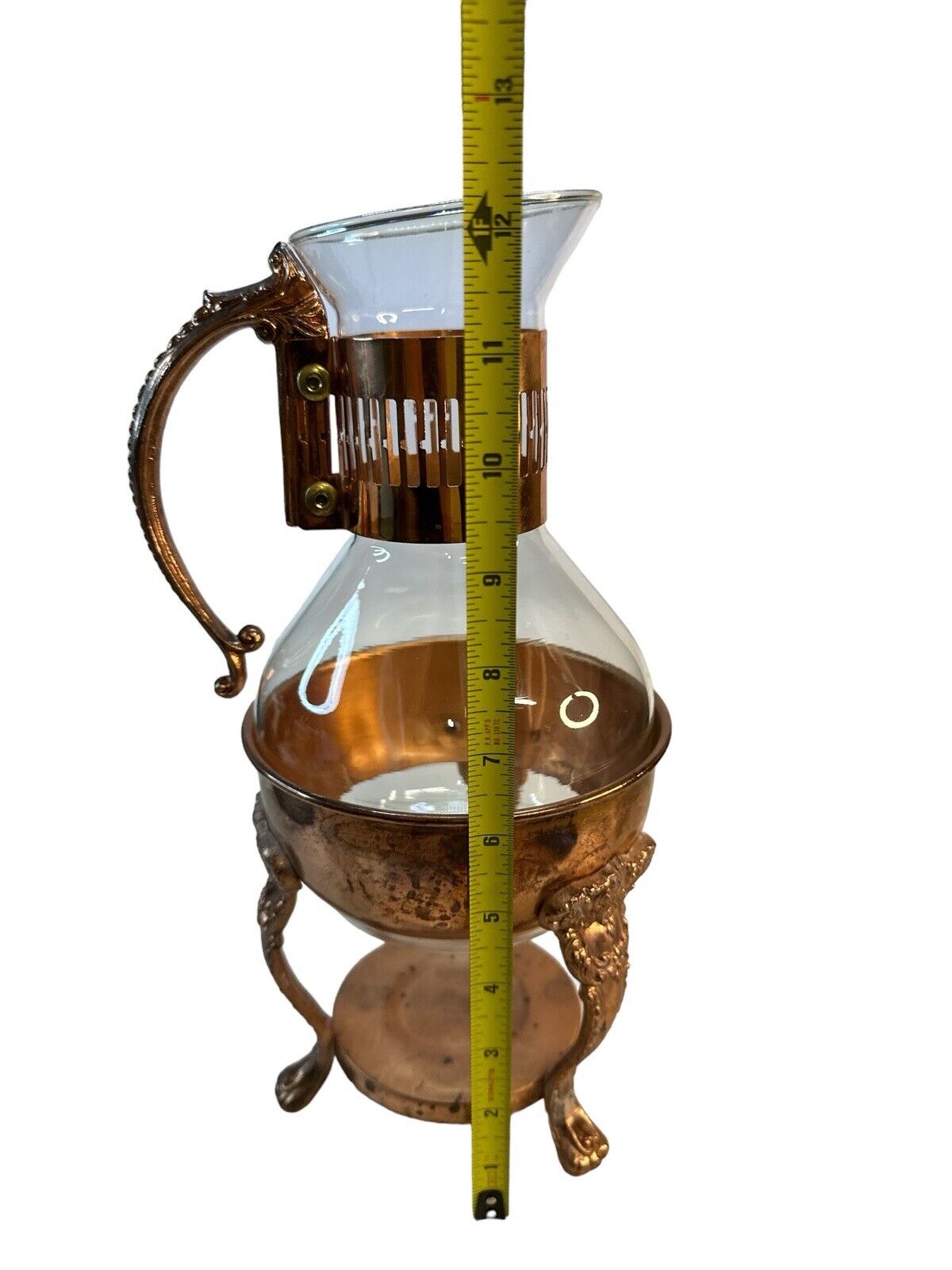 Vintage Copper Brass Coffee Carafe Glass Pot with Warmer & Stand
