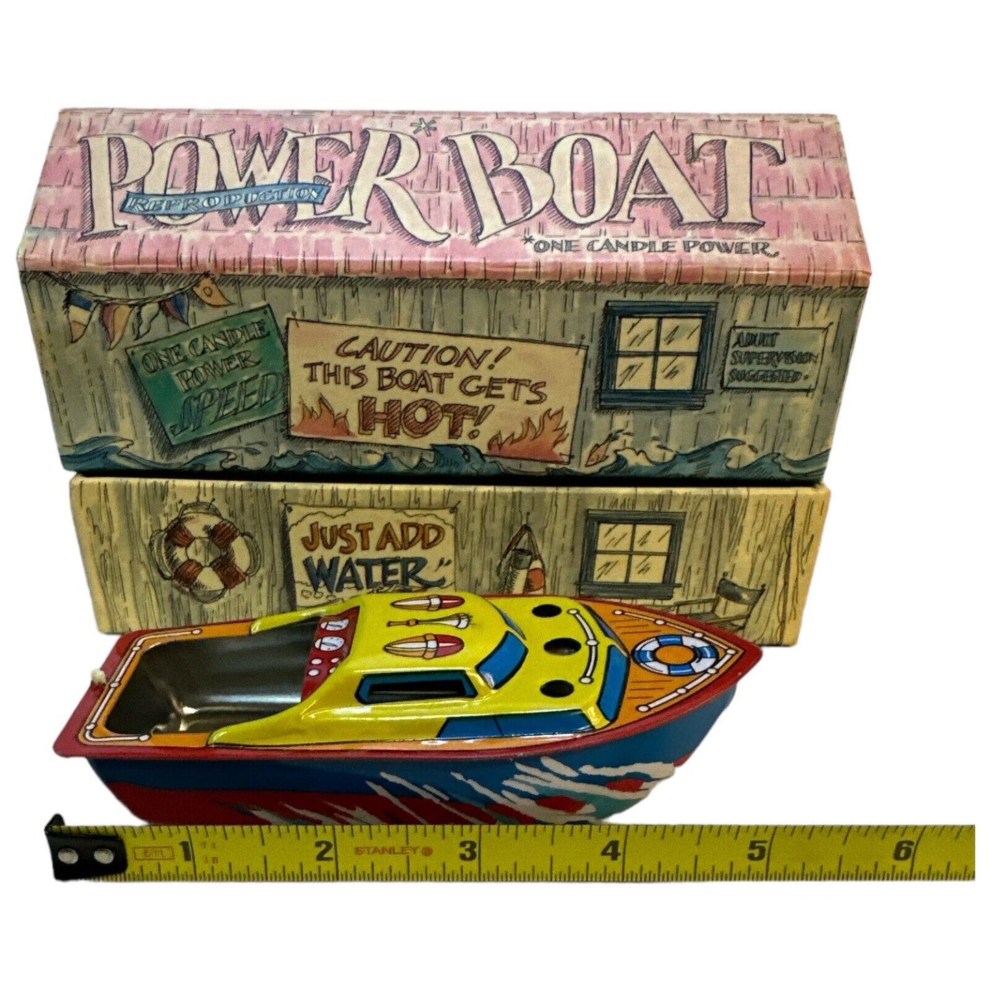 NOS Candle-Powered Tin Litho Toy Boat Reproduction Vintage In Mint Condition