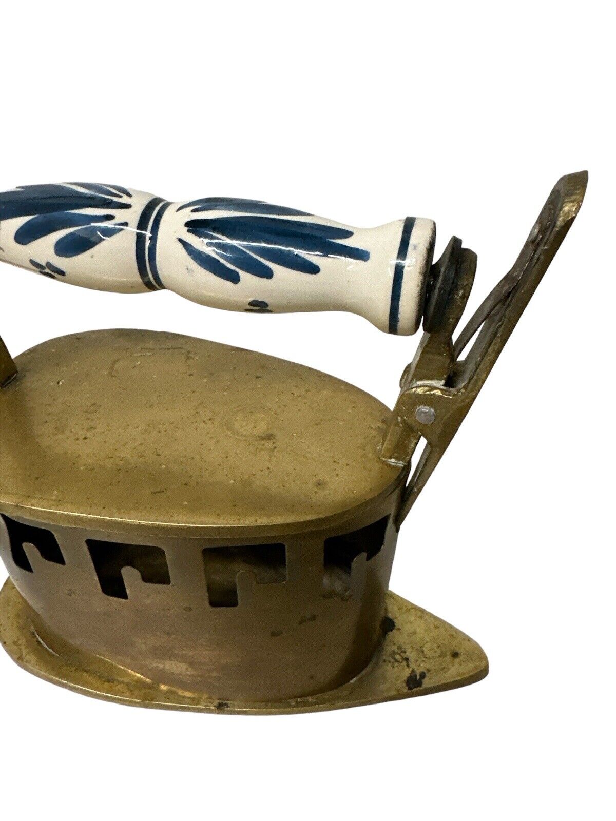 Antique Dutch Brass Charcoal Iron White Blue Ceramic Handle Patina