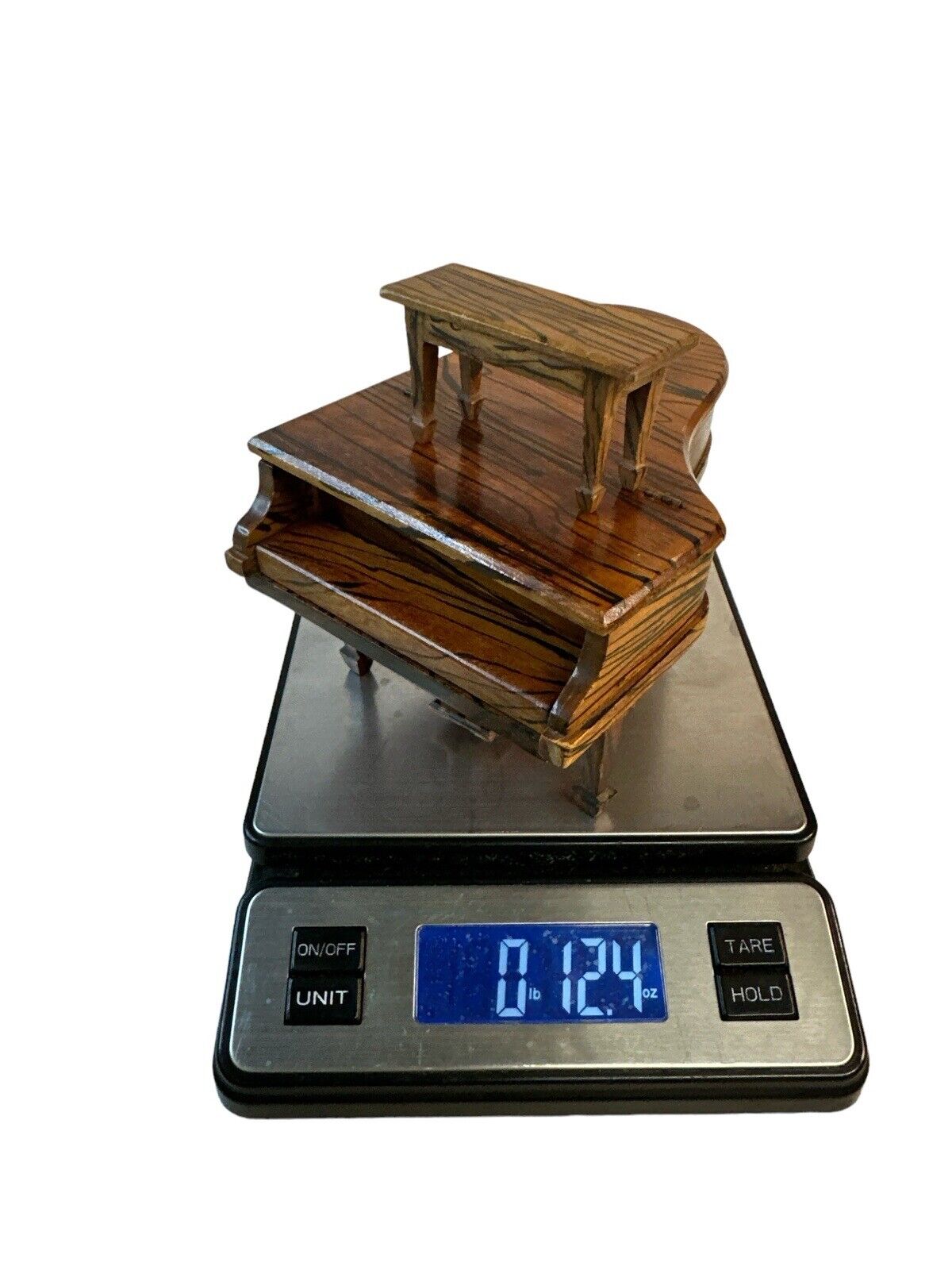 Antique Vtg Handmade Miniature Dollhouse Grand Piano Music Box & Seat Tiger Wood