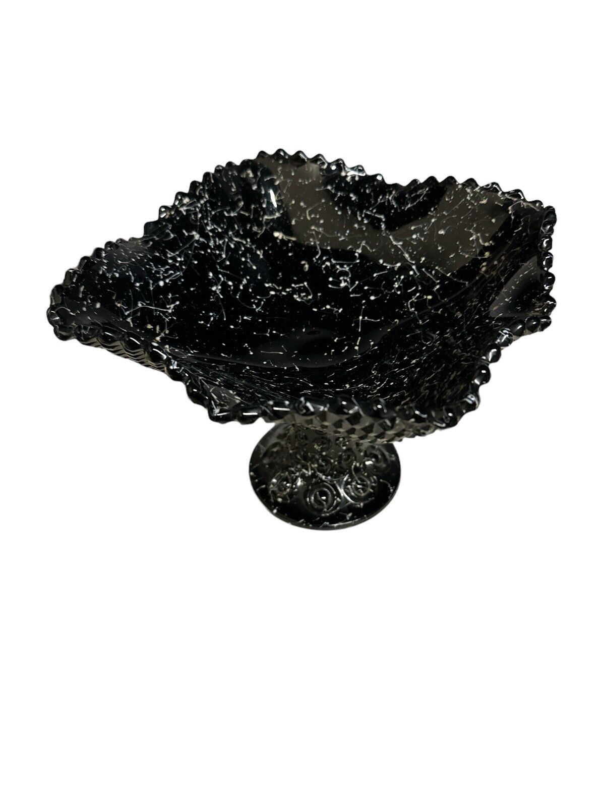 Vintage Black Confetti Ware Pedestal Fruit Bowl Diamond Point By L E Smith Glass