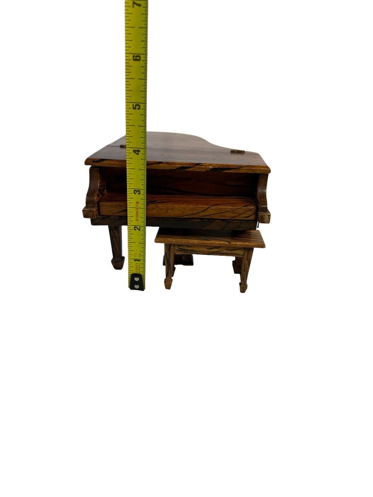 Antique Vtg Handmade Miniature Dollhouse Grand Piano Music Box & Seat Tiger Wood