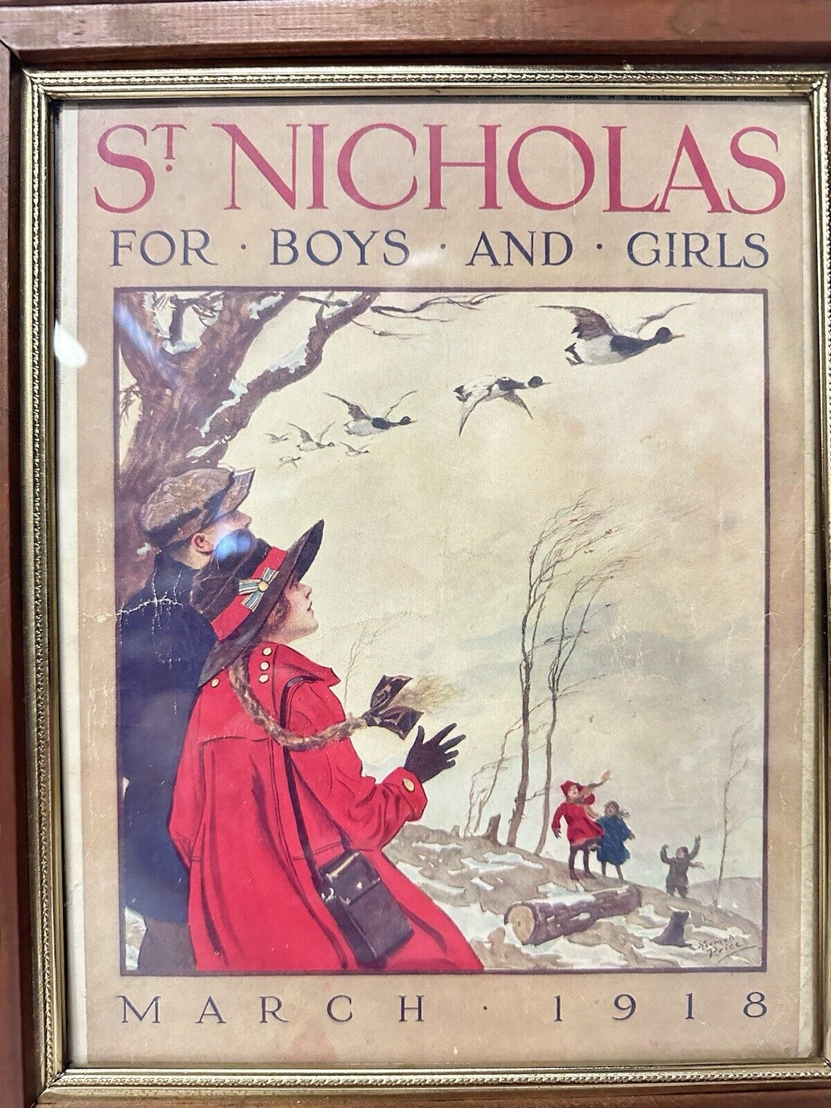 Antique March Original 1918 ST. Nicholas Magazine Cover Framed Norman Price Art