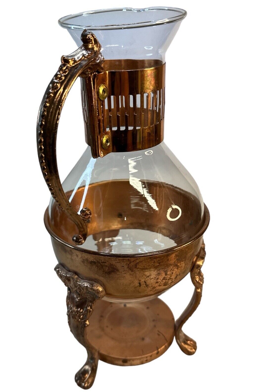 Vintage Copper Brass Coffee Carafe Glass Pot with Warmer & Stand