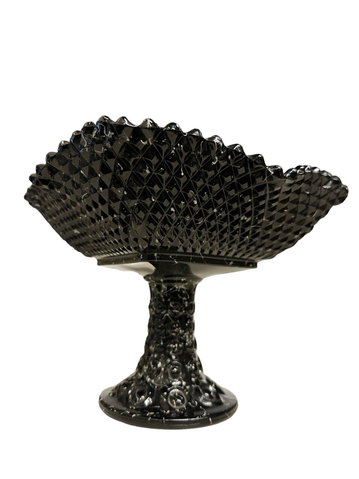Vintage Black Confetti Ware Pedestal Fruit Bowl Diamond Point By L E Smith Glass