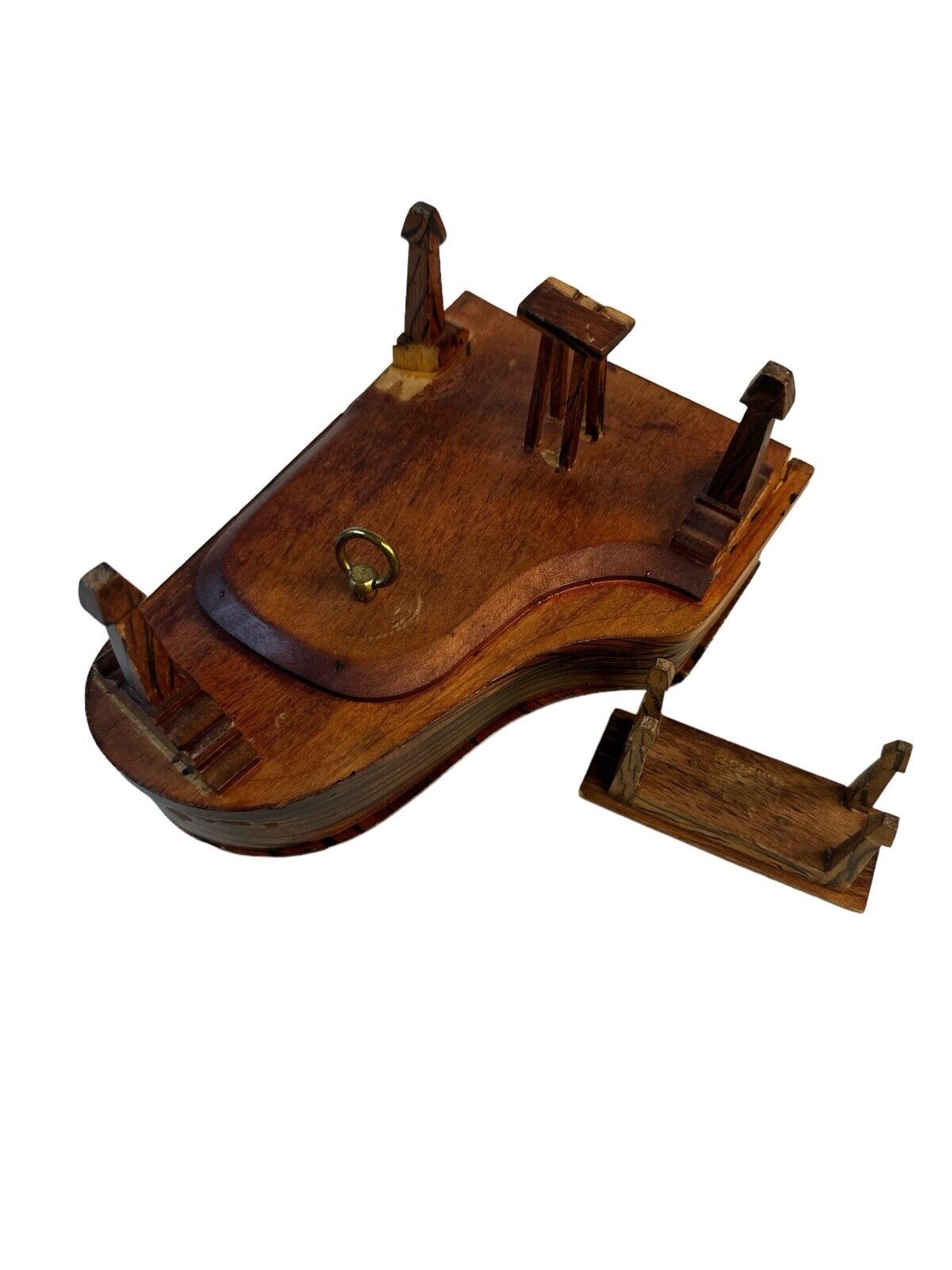 Antique Vtg Handmade Miniature Dollhouse Grand Piano Music Box & Seat Tiger Wood
