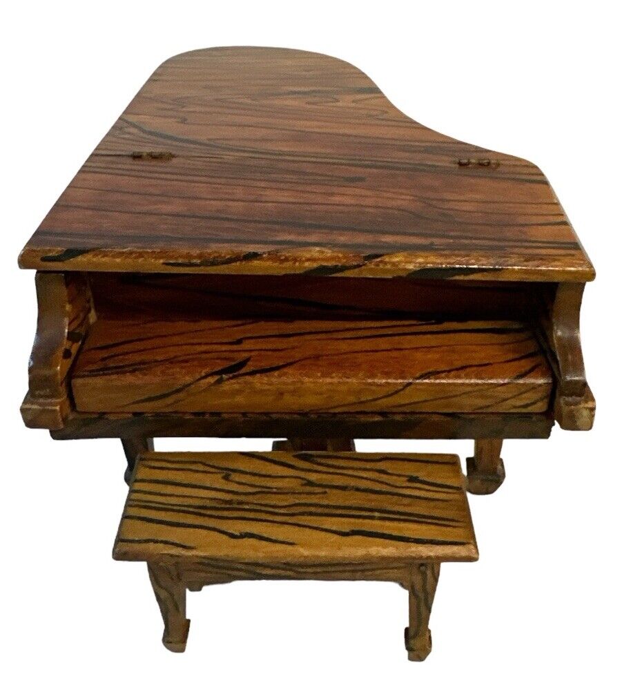 Antique Vtg Handmade Miniature Dollhouse Grand Piano Music Box & Seat Tiger Wood