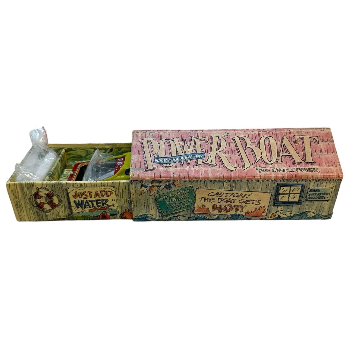 NOS Candle-Powered Tin Litho Toy Boat Reproduction Vintage In Mint Condition