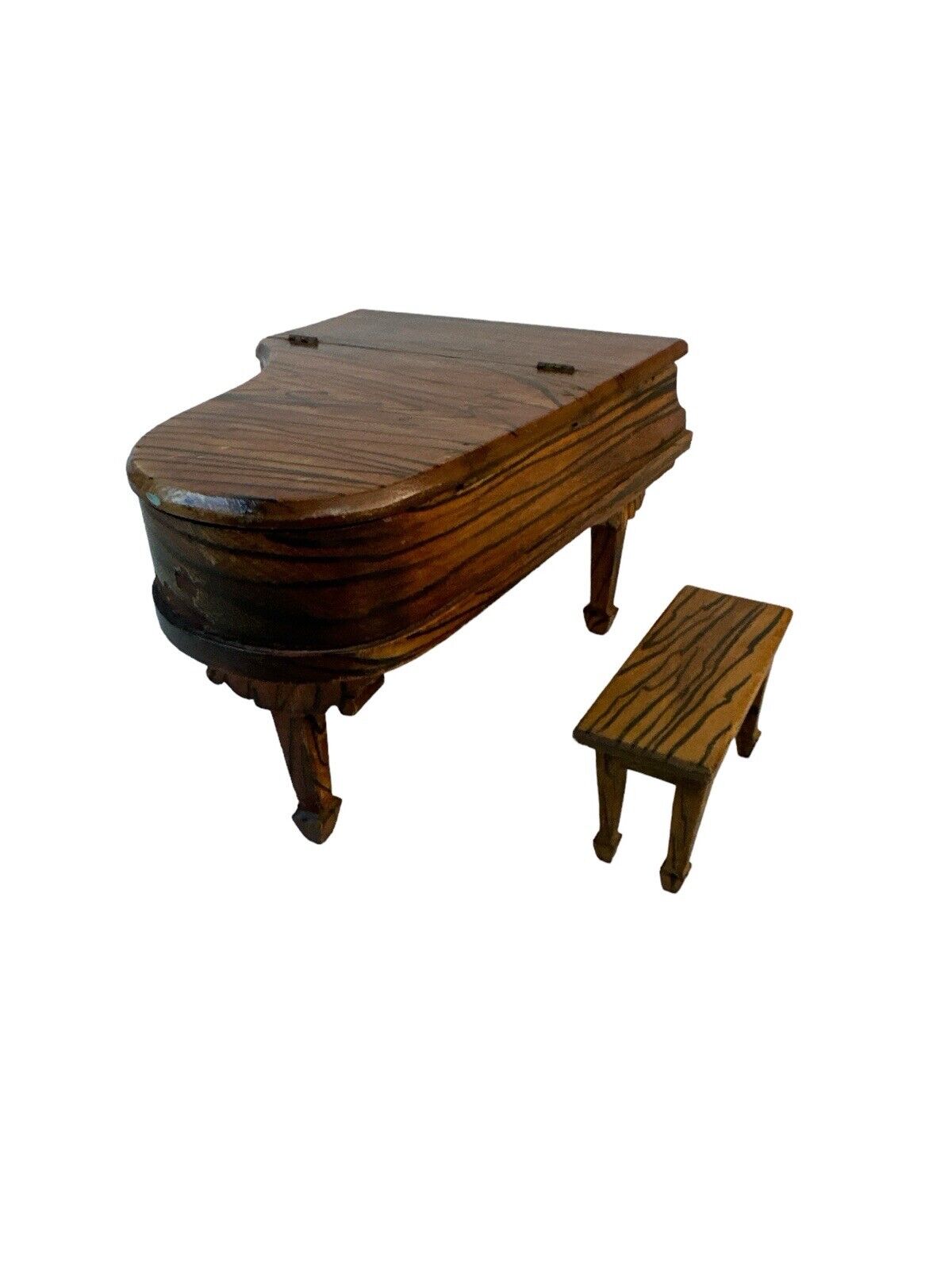 Antique Vtg Handmade Miniature Dollhouse Grand Piano Music Box & Seat Tiger Wood