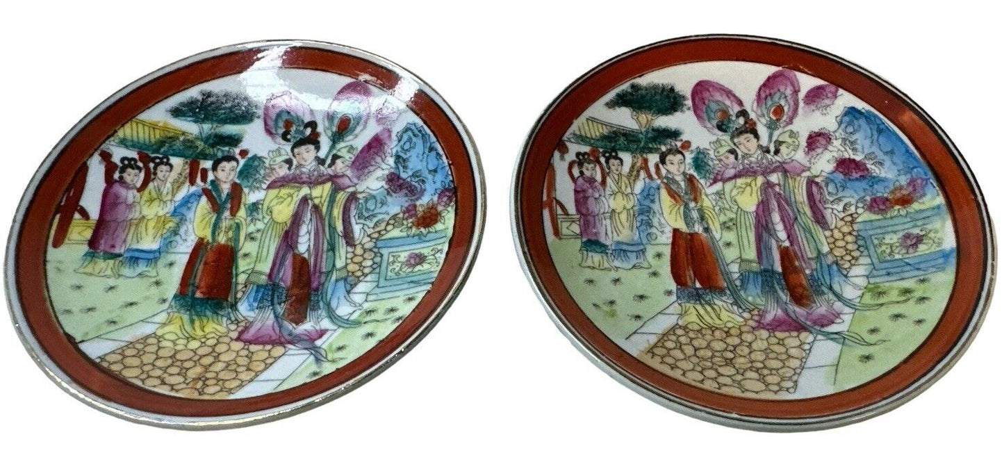 Pair Of Vtg 4.5" Japanese Scene Hand Painted Plates Pre-owned Fair Condition