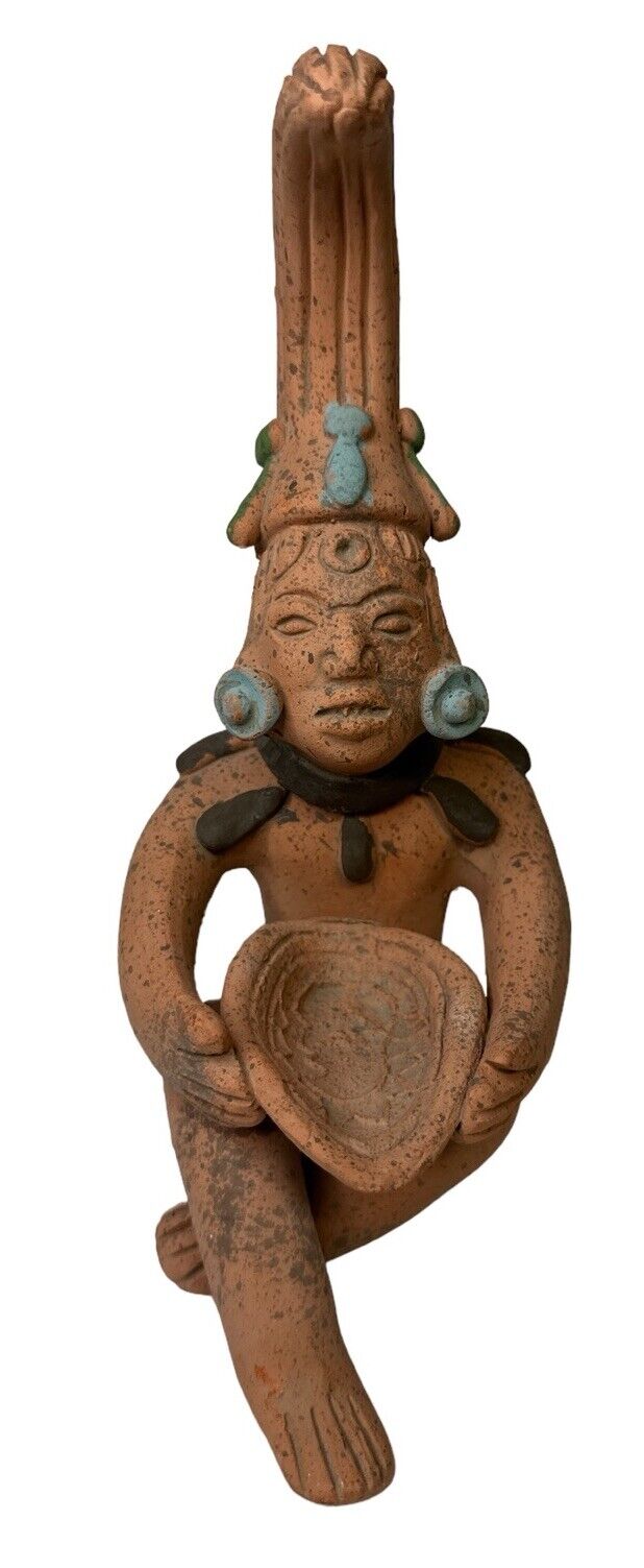 Primitive Style Handmade Peruvian Terracotta Sitting Clay Figure 9”