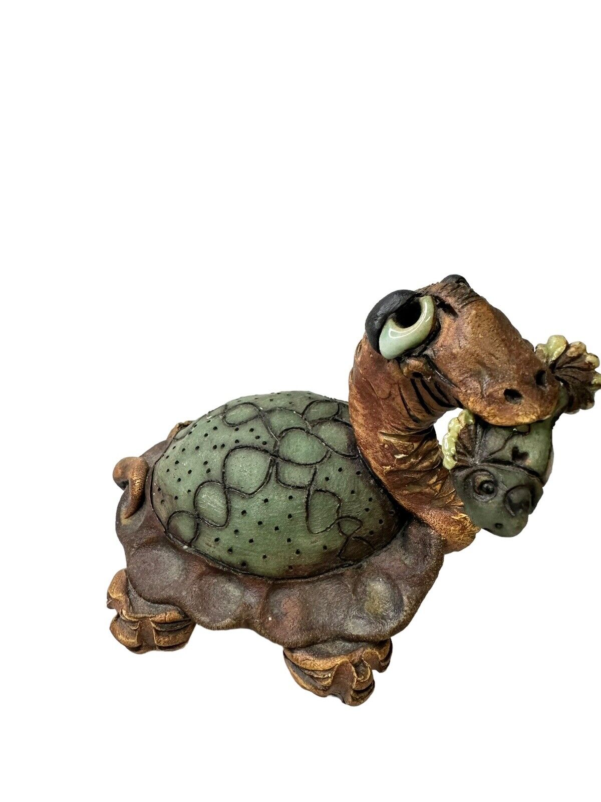 Vtg Clay Art Carved Painted Enamel Eyes Animal Folk Art Turtle By Artist Olsen