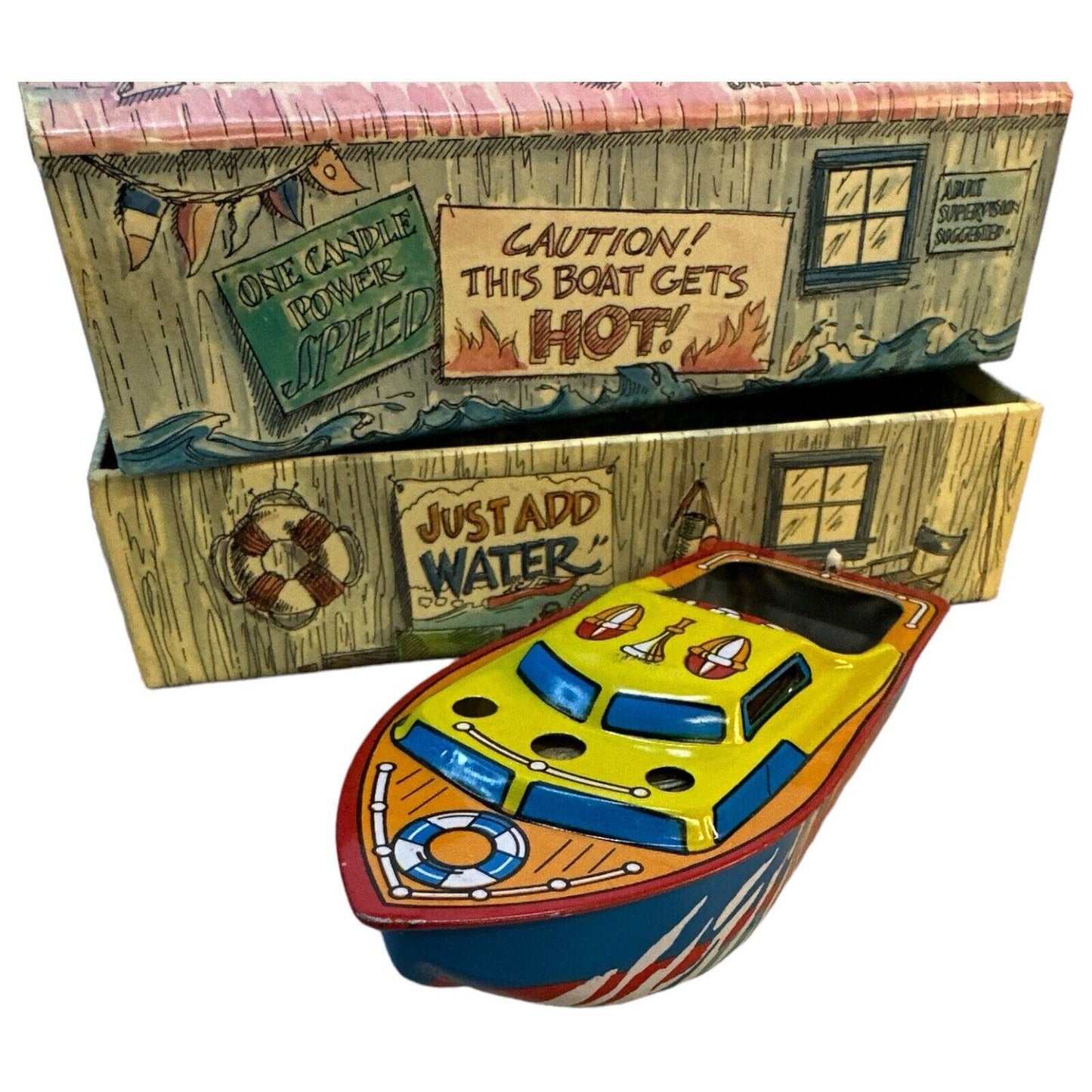 NOS Candle-Powered Tin Litho Toy Boat Reproduction Vintage In Mint Condition
