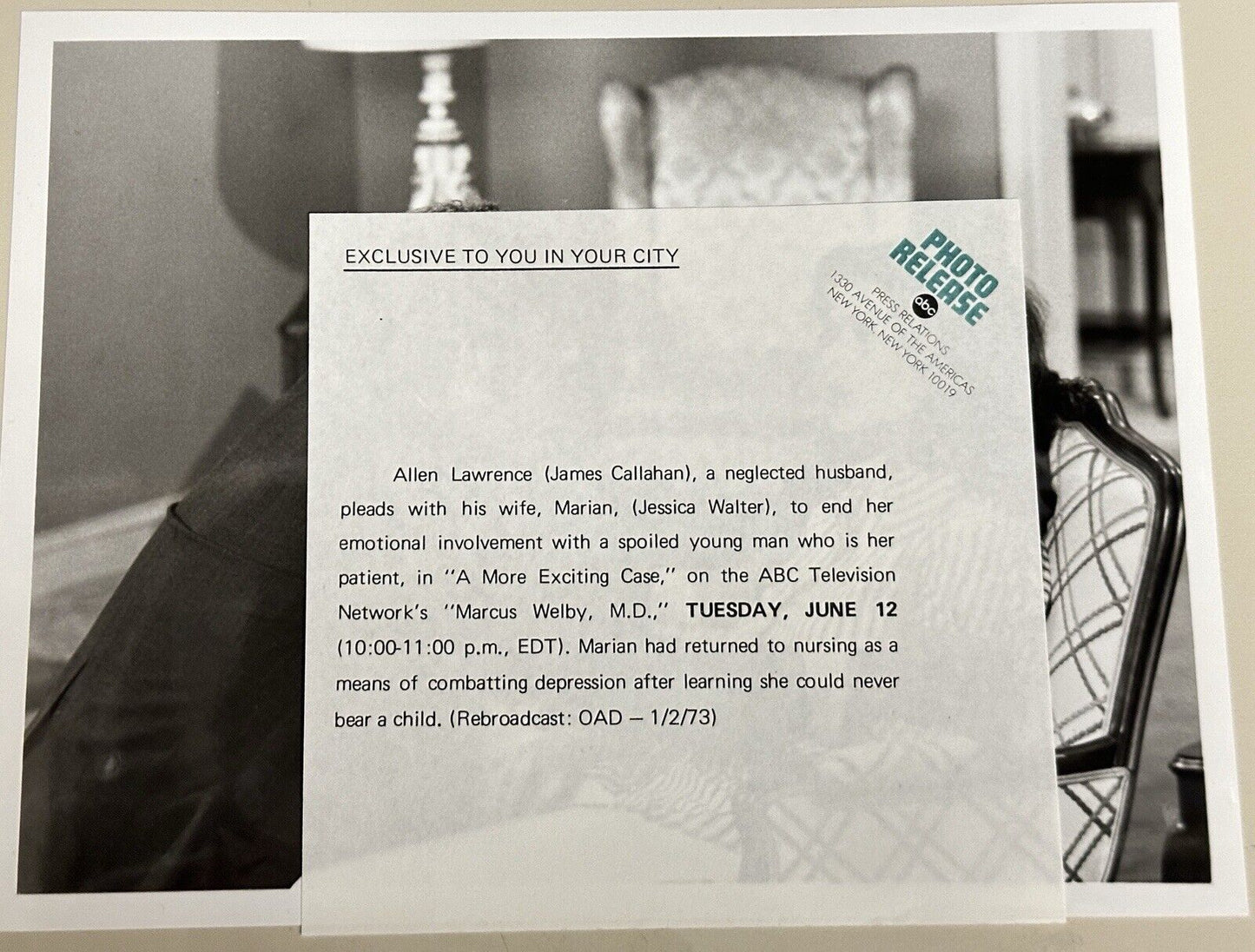 1974 Press Release Photo Marcus Welby M.D. Jessica Walter & James Callahan