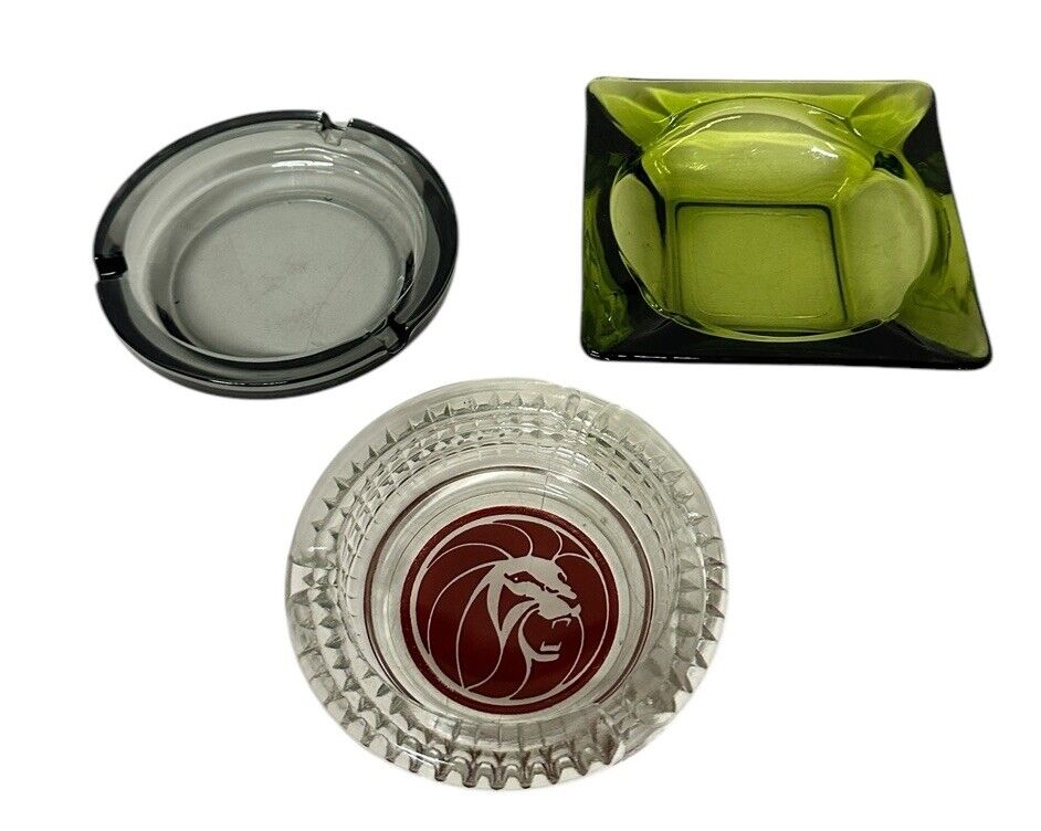 Lot of 3 Vtg Glass Ashtrays 1970’s 1980’s MGM Hotel Anchor Hocking Green 4.5”