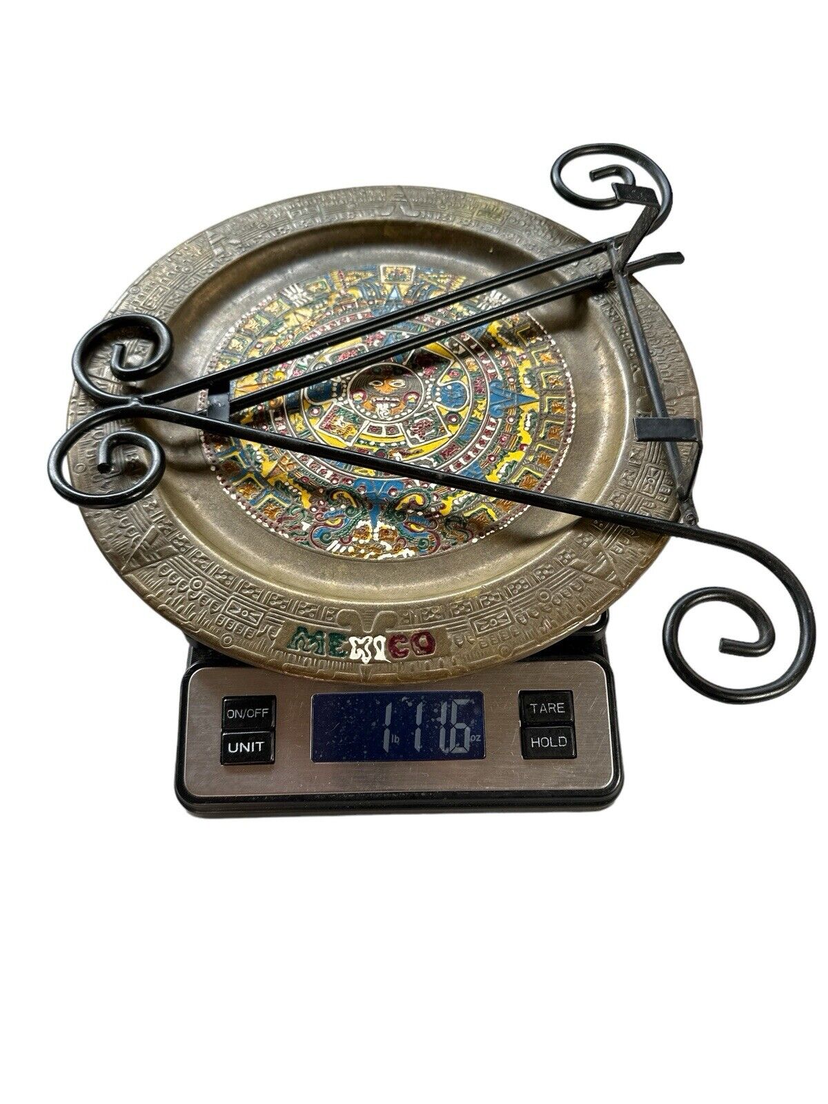 Vintage 11" Brass Mexican Mayan Aztec God Enamel Calendar Plate With Stand