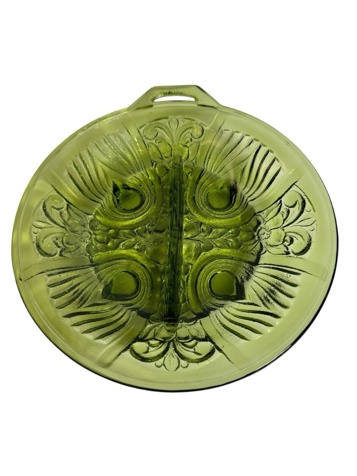 Vintage 1960’s Green Indiana Pressed Glass 2 Part Relish Dish Killarney