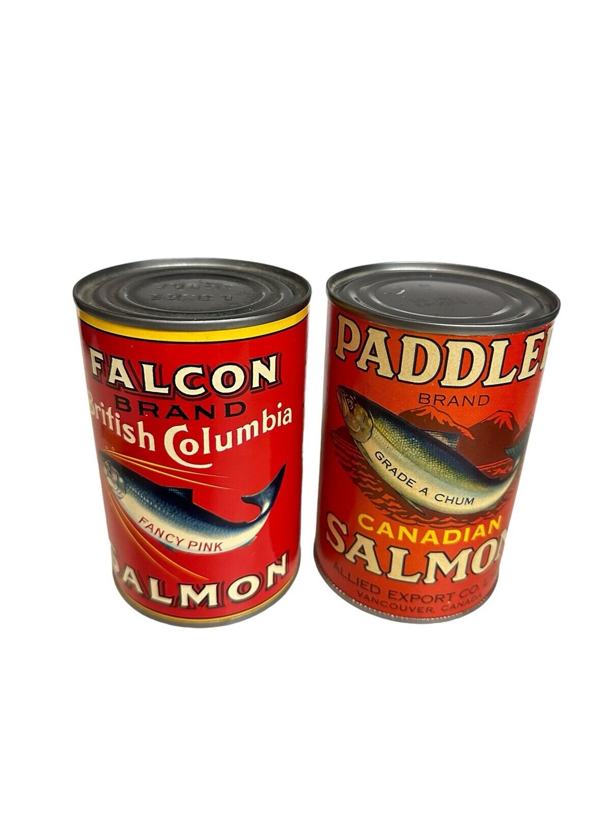 2 Antique Food Can Reprinted Falcon & Paddle Salmon Advertising Cans WWI Label