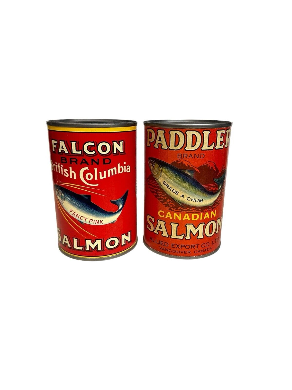 2 Antique Food Can Reprinted Falcon & Paddle Salmon Advertising Cans WWI Label