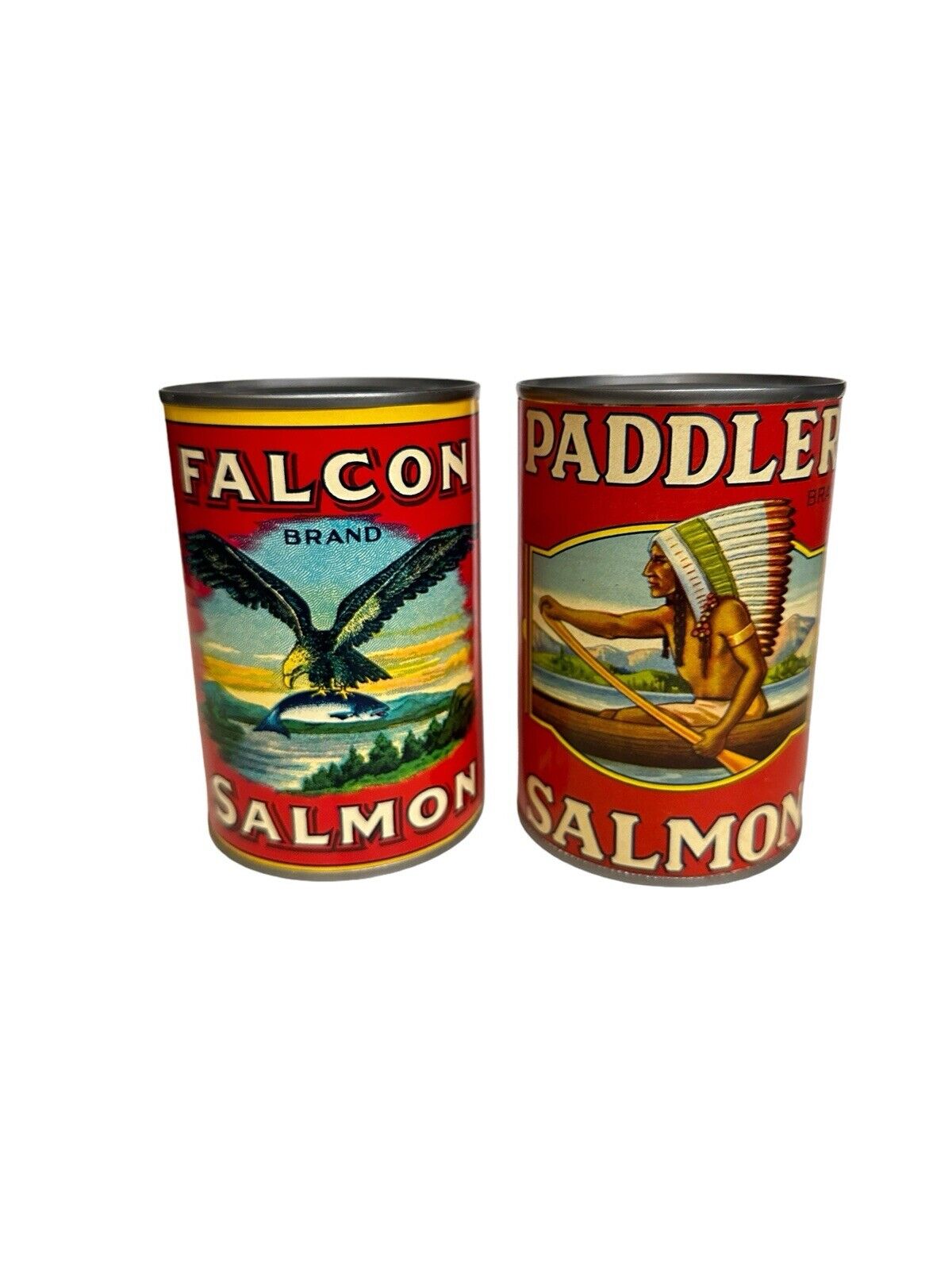 2 Antique Food Can Reprinted Falcon & Paddle Salmon Advertising Cans WWI Label