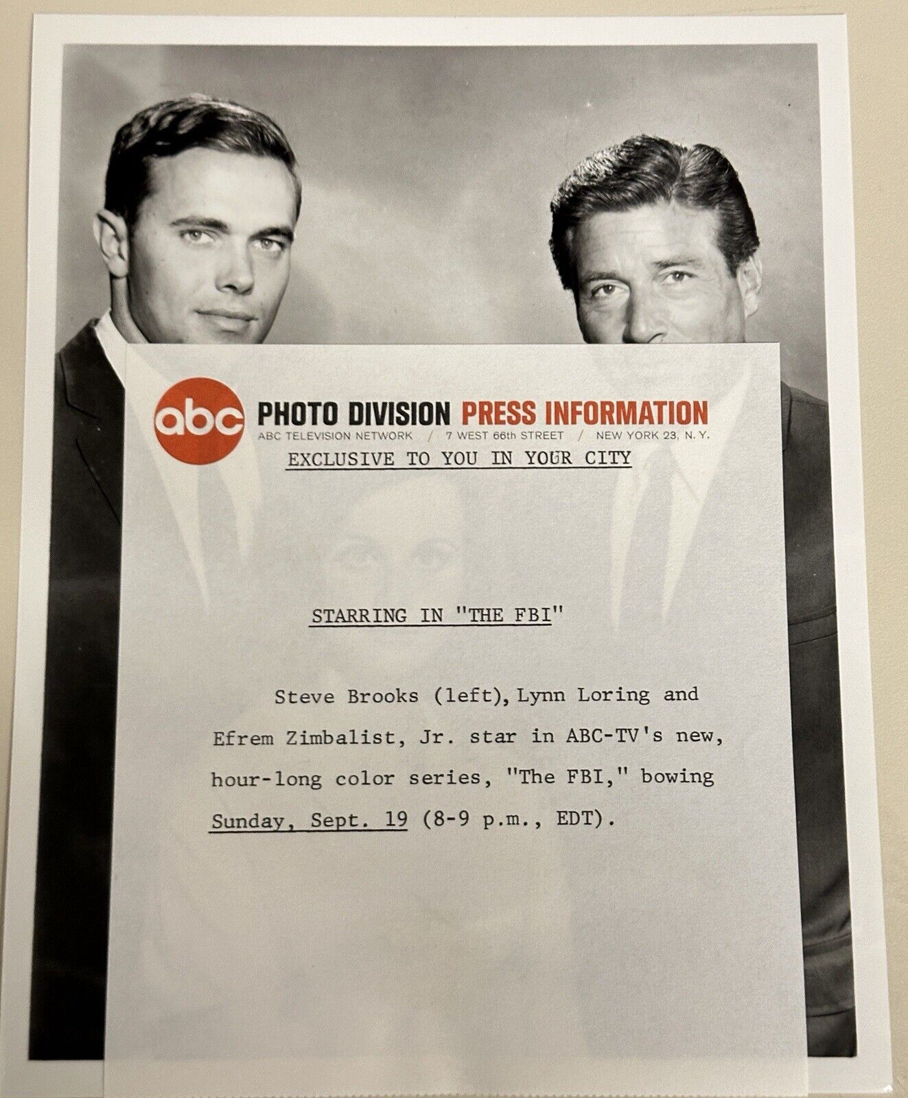 1965 Press Release Photo The FBI Efrem Zimbalist, Steve Brooks & Lynn Loring