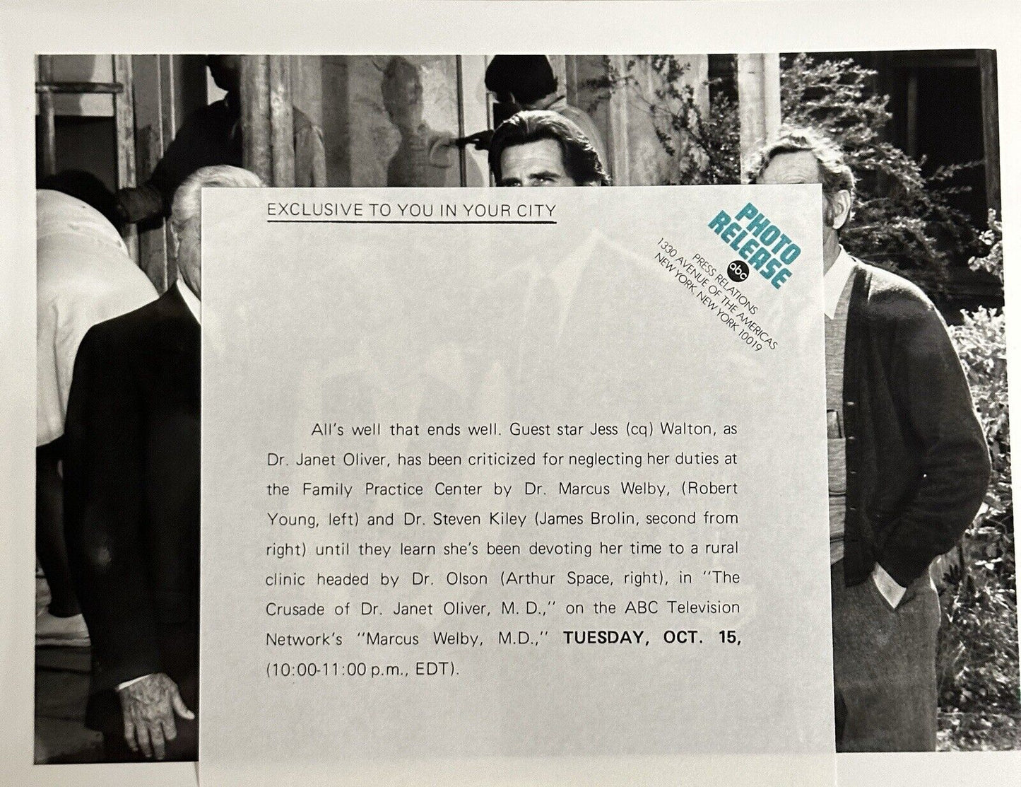 1974 Press Release Photo Marcus Welby M.D. Robert Young Jess Walton Arthur Space