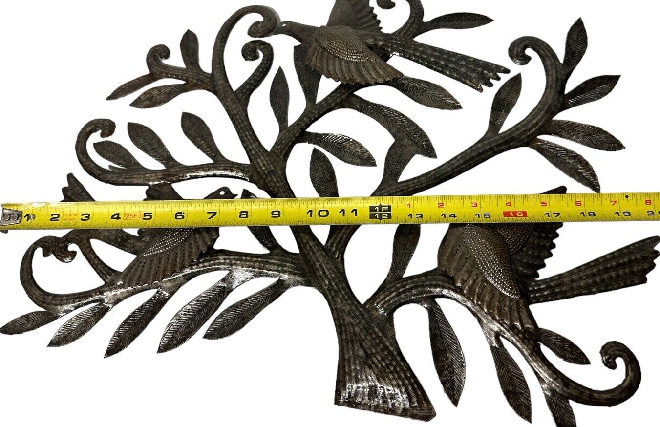 Vtg 1980’s Haitian Metal Art Decor Tree Doves Handmade Signed Cineus 20” X 17”