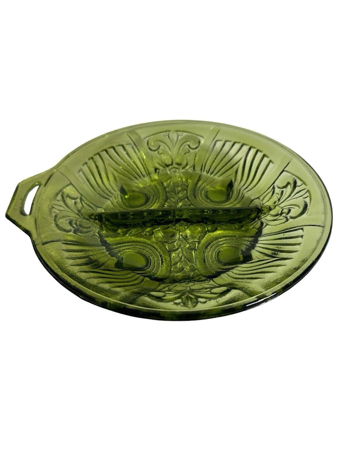 Vintage 1960’s Green Indiana Pressed Glass 2 Part Relish Dish Killarney