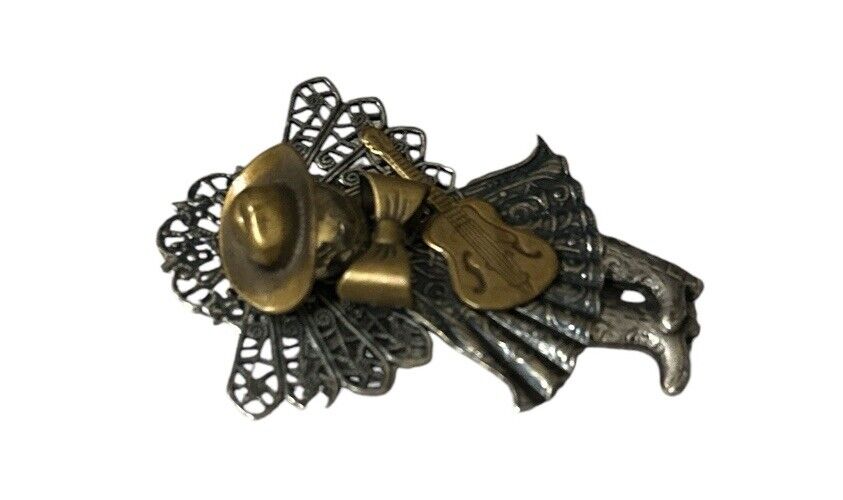 Lot of 2 Vtg silver brass cowgirl angel and Napier silver guitar brooch pin
