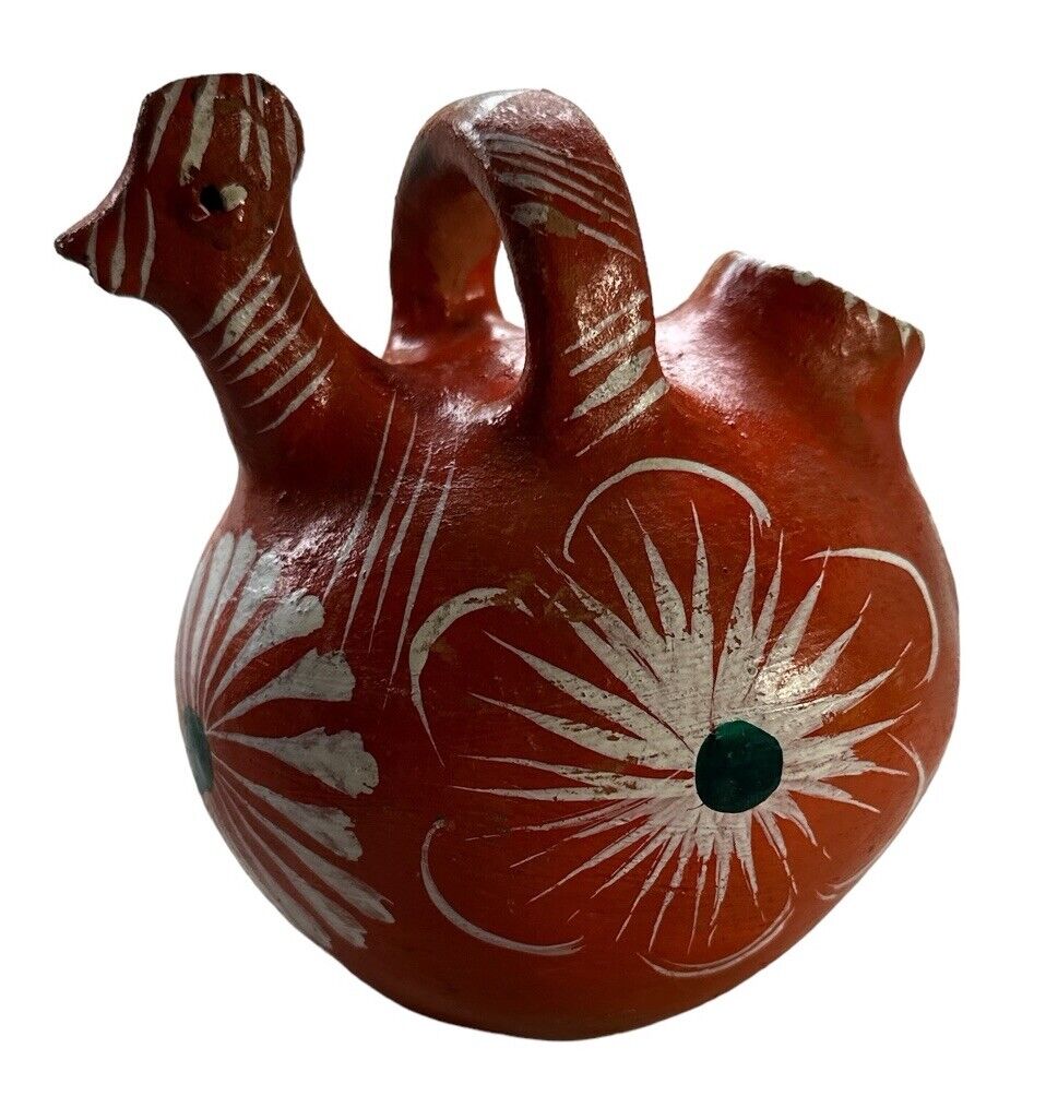Authentic Vtg Handmade Mexican Made Folk Art Pottery Chicken Bird Decor Vessel