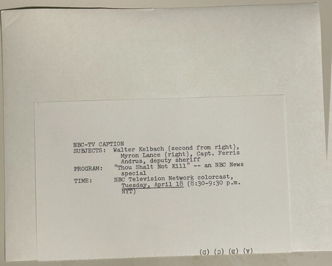 1972 Press Release Photo NBC Special "Thou Shalt Not Kill" Walter Kelbach
